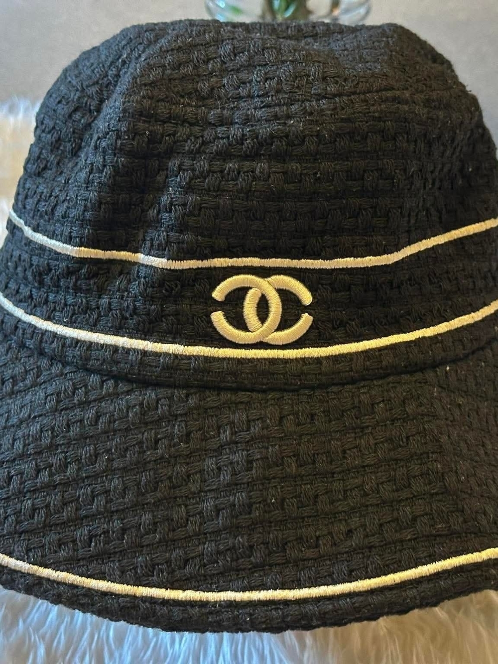 Black Tweed Bucket Hat with Cream Trim and CC Emblem